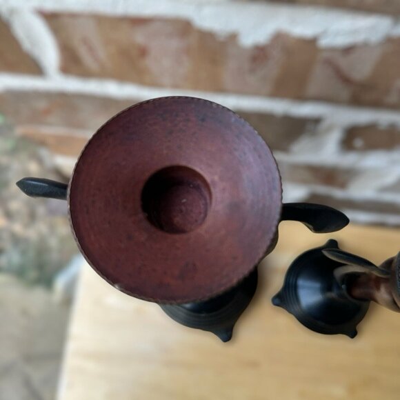 VTG Painted Yellow Brass Metal Candle Holders MCM Tripod 15" & 11.5" Set Of 2 - Picture 3 of 12